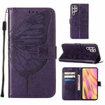For Samsung Galaxy S22 Ultra 5G Embossed Butterfly Leather Phone Case with Holder & Card Slot & Wallet & Lanyard(Dark Purple)