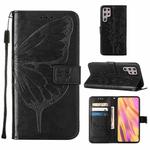 For Samsung Galaxy S22 Ultra 5G Embossed Butterfly Leather Phone Case with Holder & Card Slot & Wallet & Lanyard(Black)