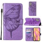 For Samsung Galaxy S22 Ultra 5G Embossed Butterfly Leather Phone Case with Holder & Card Slot & Wallet & Lanyard(Purple)