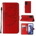 For Xiaomi Mi 11T 5G / 11T Pro 5G Embossed Butterfly Leather Phone Case with Holder & Card Slot & Wallet & Lanyard(Red)