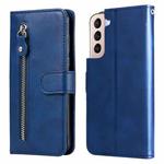 For Samsung Galaxy S22+ 5G Calf Texture Zipper Horizontal Flip Leather Phone Case(Blue)