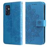 For OPPO Reno6 4G 7-petal Flowers Embossed Flip Leather Phone Case with Holder & Card Slots(Blue)