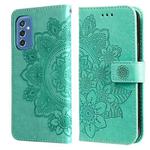 For Samsung Galaxy M52 5G 7-petal Flowers Embossed Flip Leather Phone Case with Holder & Card Slots(Green)