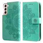 For Samsung Galaxy S22+ 5G 7-petal Flowers Embossed Flip Leather Phone Case with Holder & Card Slots(Green)