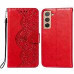 For Samsung Galaxy S22 5G Flower Vine Embossing Pattern Horizontal Flip Leather Phone Case with Card Slot & Holder & Wallet & Lanyard(Red)