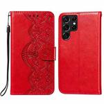 For Samsung Galaxy S22 Ultra 5G Flower Vine Embossing Pattern Horizontal Flip Leather Phone Case with Card Slot & Holder & Wallet & Lanyard(Red)