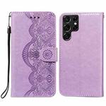 For Samsung Galaxy S22 Ultra 5G Flower Vine Embossing Pattern Horizontal Flip Leather Phone Case with Card Slot & Holder & Wallet & Lanyard(Purple)