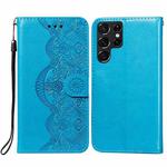 For Samsung Galaxy S22 Ultra 5G Flower Vine Embossing Pattern Horizontal Flip Leather Phone Case with Card Slot & Holder & Wallet & Lanyard(Blue)