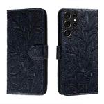 For Samsung Galaxy S22 Ultra 5G Lace Flower Leather Phone Case with Holder & Card Slots & Wallet & Photo Frame(Dark Blue)