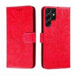 For Samsung Galaxy S22 Ultra 5G Lace Flower Leather Phone Case with Holder & Card Slots & Wallet & Photo Frame(Red)