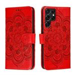 For Samsung Galaxy S22 Ultra 5G Sun Mandala Embossing Pattern Phone Leather Case with Holder & Card Slots & Wallet & Lanyard(Red)