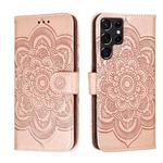 For Samsung Galaxy S22 Ultra 5G Sun Mandala Embossing Pattern Phone Leather Case with Holder & Card Slots & Wallet & Lanyard(Rose Gold)