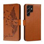 For Samsung Galaxy S22 Ultra 5G Feather Pattern Litchi Texture Leather Phone Case with Holder & Card Slots & Wallet(Brown)
