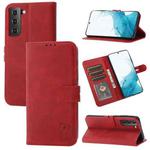 For Samsung Galaxy S22 5G Embossed Happy Cat Pattern Horizontal Flip Leather Phone Case(Red)