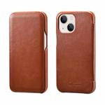 For iPhone 13 ICARER First Layer Cowhide Horizontal Flip Phone Case(Brown)