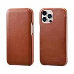 For iPhone 13 Pro Max ICARER First Layer Cowhide Horizontal Flip Phone Case (Brown)