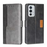 For OnePlus 9RT 5G Retro Texture Contrast Color Side Buckle Horizontal Flip Leather Phone Case with Holder & Card Slots & Wallet(Black+Grey)