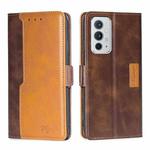 For OnePlus 9RT 5G Retro Texture Contrast Color Side Buckle Horizontal Flip Leather Phone Case with Holder & Card Slots & Wallet(Dark Brown+Gold)