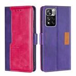 For Xiaomi Redmi Note 11 Pro Retro Texture Contrast Color Side Buckle Horizontal Flip Leather Phone Case with Holder & Card Slots & Wallet(Purple+Rose Red)