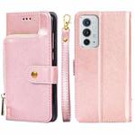 For OnePlus 9RT 5G Zipper Bag Horizontal Flip Leather Phone Case with Holder & Card Slots & Lanyard(Rose Gold)