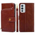 For OnePlus 9RT 5G Zipper Bag Horizontal Flip Leather Phone Case with Holder & Card Slots & Lanyard(Brown)