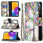 For Samsung Galaxy M52 5G Colored Drawing Pattern Zipper Horizontal Flip Phone Leather Case with Holder & Card Slots & Wallet(Tree)