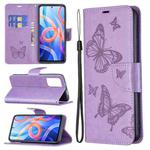 For Xiaomi Redmi Note 11 5G/Note 11T 5G/Poco M4 Pro 5G Two Butterflies Embossing Pattern Horizontal Flip Leather Phone Case with Holder & Card Slot & Wallet & Lanyard(Purple)