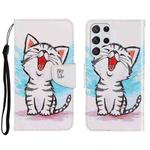 For Samsung Galaxy S22 Ultra 5G 3D Colored Drawing Horizontal Flip Leather Phone Case(Red Mouth Cat)