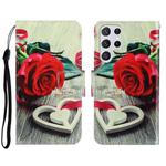 For Samsung Galaxy S22 Ultra 5G 3D Colored Drawing Horizontal Flip Leather Phone Case(Red Rose)