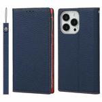 For iPhone 13 Pro Litchi Texture Genuine Leather Phone Case With Lanyard & Holder & Card Slots & Wallet (Dark Blue)