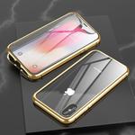 For iPhone XR Ultra Slim Double Sides Magnetic Adsorption Angular Frame Tempered Glass Magnet Flip Case(Gold)