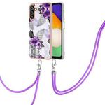 For Samsung Galaxy A13 5G Electroplating IMD TPU Phone Case with Lanyard(Purple Flower)