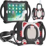Cute Cat King Kids Shockproof Silicone Tablet Case with Holder & Shoulder Strap & Handle For iPad 9.7 2018 / 2017 / Air / Air 2 / Pro 9.7(Black Red)