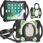 Cute Cat King Kids Shockproof Silicone Tablet Case with Holder & Shoulder Strap & Handle For iPad 9.7 2018 / 2017 / Air / Air 2 / Pro 9.7(Black Green)