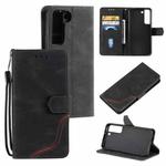 For Samsung Galaxy S22+ 5G Three-color Stitching Calf Texture Horizontal Flip Phone Leather Case with Holder & Card Slots & Wallet(Black)