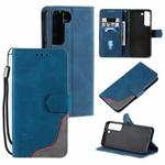 For Samsung Galaxy S22+ 5G Three-color Stitching Calf Texture Horizontal Flip Phone Leather Case with Holder & Card Slots & Wallet(Blue)