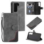 For Samsung Galaxy S22 5G Three-color Stitching Calf Texture Horizontal Flip Phone Leather Case with Holder & Card Slots & Wallet(Grey)