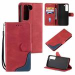 For Samsung Galaxy S22 5G Three-color Stitching Calf Texture Horizontal Flip Phone Leather Case with Holder & Card Slots & Wallet(Red)