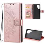 For Samsung Galaxy S22 Ultra 5G Totem Flower Embossed Horizontal Flip Phone Leather Case with Holder & Card Slots & Wallet(Rose Gold)