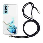 For Samsung Galaxy S22 5G Hollow Marble Pattern TPU Shockproof Phone Case with Neck Strap Rope(Blue)