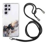 For Samsung Galaxy S22 Ultra 5G Hollow Marble Pattern TPU Shockproof Phone Case with Neck Strap Rope(Black)