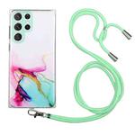 For Samsung Galaxy S22 Ultra 5G Hollow Marble Pattern TPU Shockproof Phone Case with Neck Strap Rope(Green)