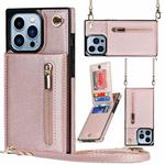 For iPhone 13 Pro Max Cross-body Zipper Square Phone Case with Holder (Rose Gold)