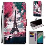For Nokia C01 Plus Coloured Drawing Cross Texture Horizontal Flip Leather Phone Case with Holder & Card Slots & Wallet & Lanyard(Pink Flower Tower Bridge)
