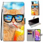 For Samsung Galaxy A03s 166mm Version Coloured Drawing Cross Texture Horizontal Flip Leather Phone Case with Holder & Card Slots & Wallet & Lanyard(Cat Drinking Soda)