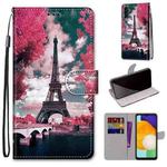 For Samsung Galaxy A13 5G Coloured Drawing Cross Texture Horizontal Flip Leather Phone Case with Holder & Card Slots & Wallet & Lanyard(Pink Flower Tower Bridge)