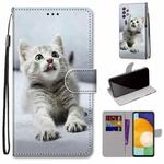 For Samsung Galaxy A33 5G Coloured Drawing Cross Texture Horizontal Flip Leather Phone Case with Holder & Card Slots & Wallet & Lanyard(Small Grey Cat)
