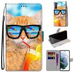 For Samsung Galaxy S22 5G Coloured Drawing Cross Texture Horizontal Flip Leather Phone Case with Holder & Card Slots & Wallet & Lanyard(Cat Drinking Soda)