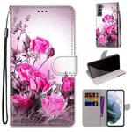 For Samsung Galaxy S22 5G Coloured Drawing Cross Texture Horizontal Flip Leather Phone Case with Holder & Card Slots & Wallet & Lanyard(Wild Rose)