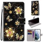 For Samsung Galaxy S22 5G Coloured Drawing Cross Texture Horizontal Flip Leather Phone Case with Holder & Card Slots & Wallet & Lanyard(Gold Diamond Butterfly)